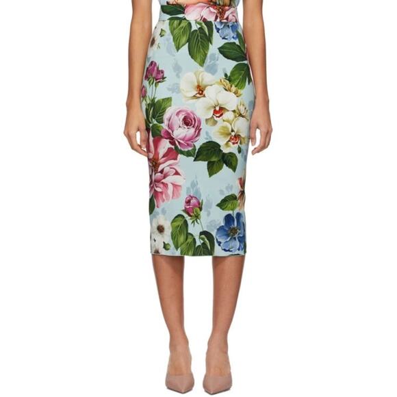 NWT Dolce and Gabbana Blue Floral Cady Midi Skirt  IT 48 US XXL - Picture 1 of 12